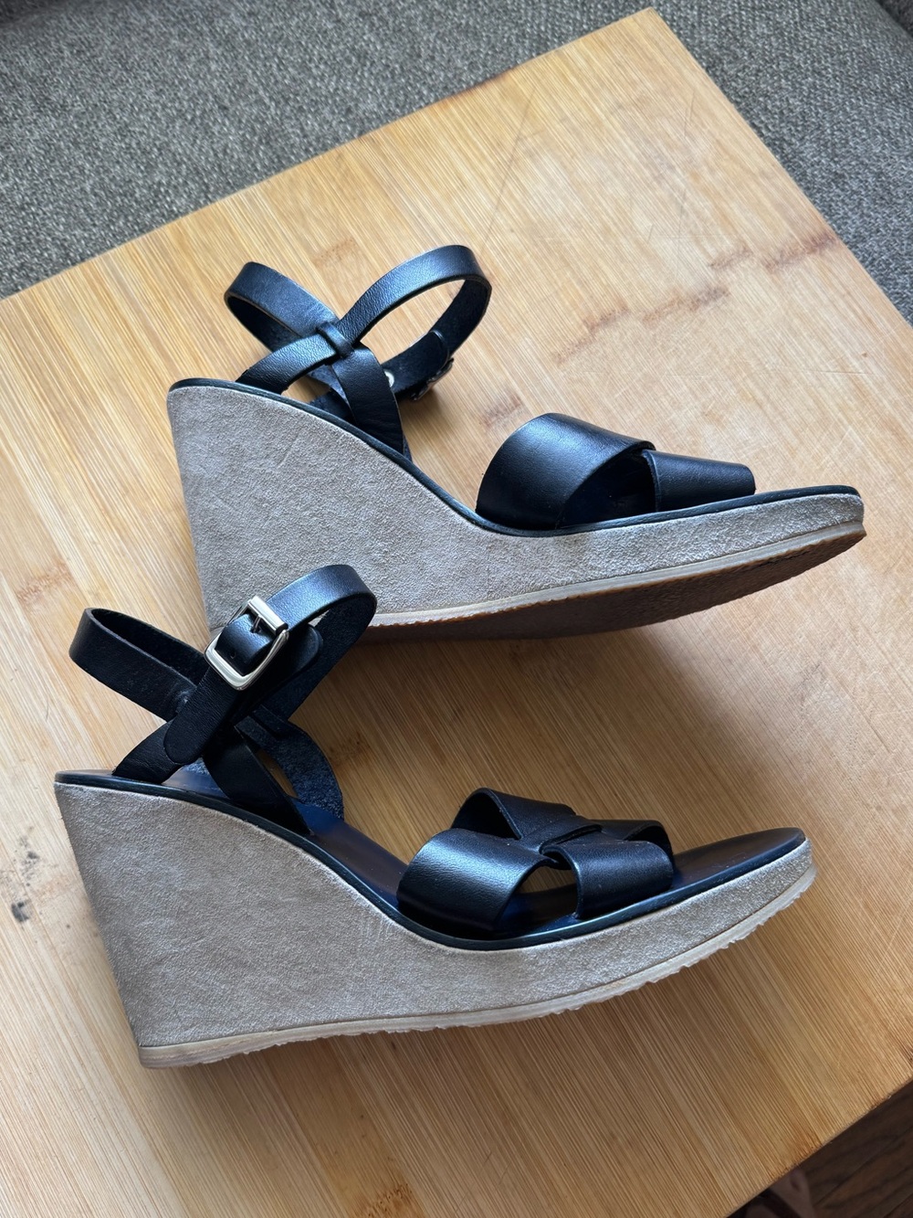 A.P.C. Juliette Leather Platform Wedge Sandals Navy Suede Beige Neutral Size 40